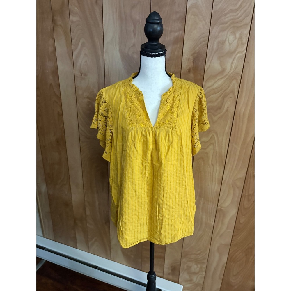 Grace Karin Mustard Yellow Lace Flutter Sleeve Dobby Stripe Blouse Large